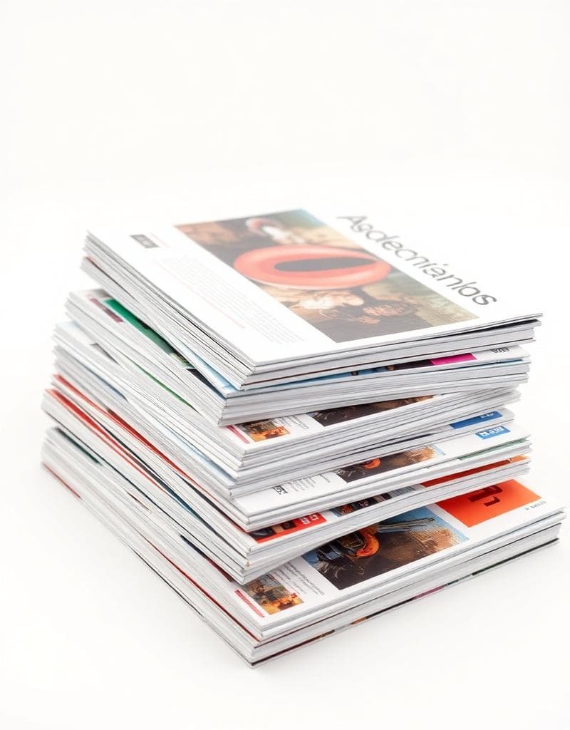 Stack of printed booklets with a bridge blueprint cover design, fanned out on concrete.