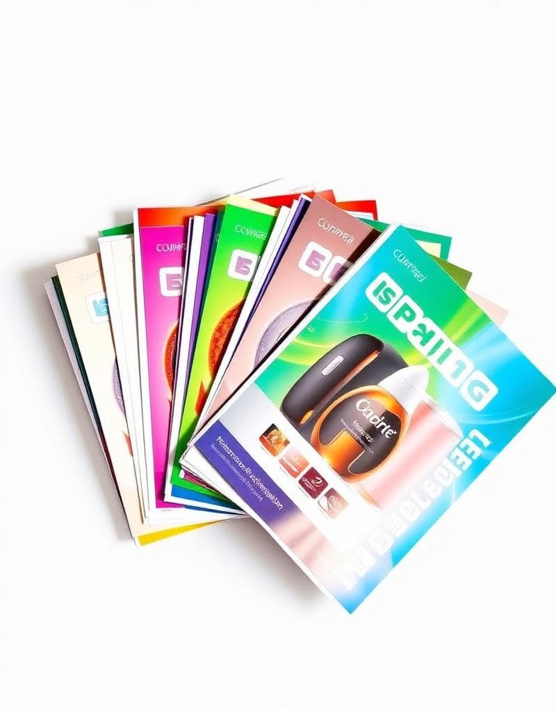 Stack of colorful conference flyers with bold typography and artwork.