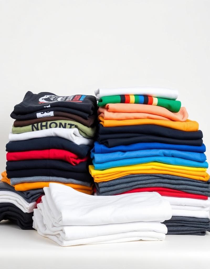 Stack of folded t-shirts with a bold arrow and gear graphic printed on the front.